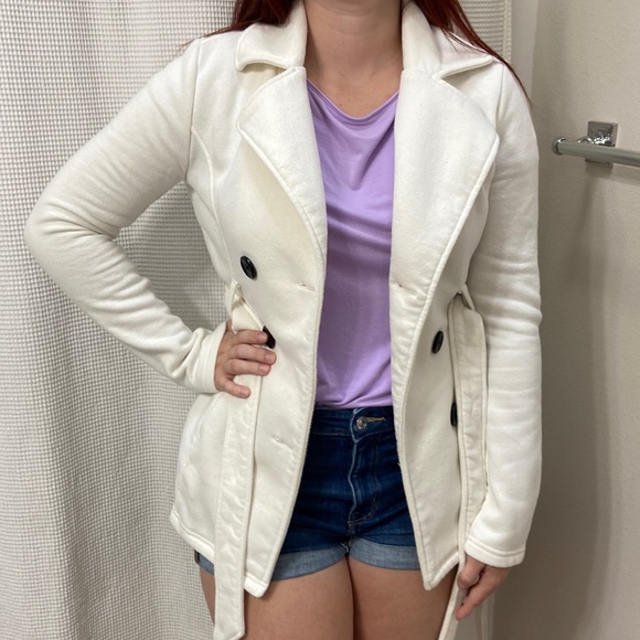 Women’s Sebby white and black-buttoned pea coat like jacket. Size XS - Picture 3 of 11